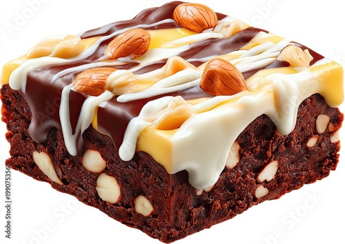 Rich chocolate brownie topped with creamy frosting, nuts, and drizzled chocolate