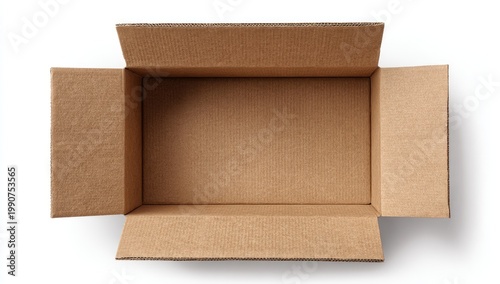 Overhead view of an empty, open, brown cardboard shipping box