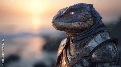 Fantasy lizard warrior sunset