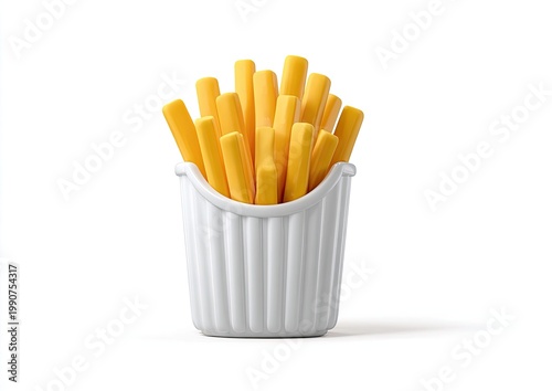 A white container overflowing with golden, crisp potato fries against a white backdrop