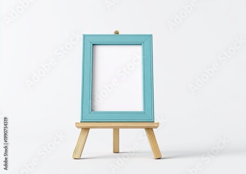 Blue ornate frame on a wooden easel against a plain white background
