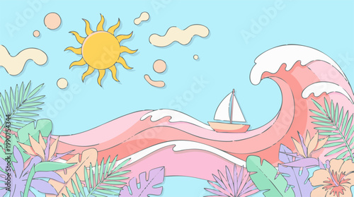 Pastel tropical summer illustration with sun, sailboat, ocean waves, and exotic plants