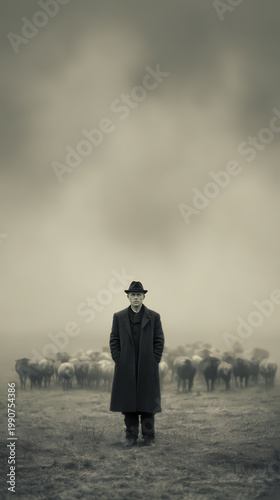 Solitary shepherd figure in a vast pasture, with herd animals scattered far in the distance across the horizon