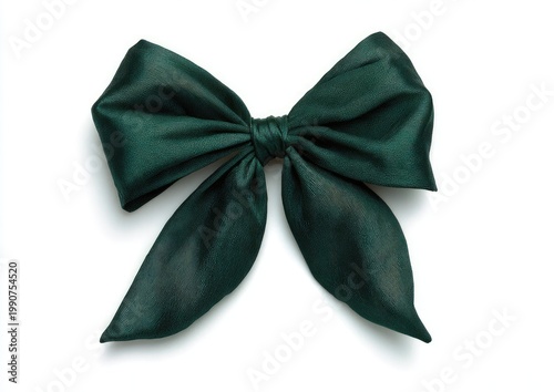 Elegant dark green satin bow with flowing loops against a stark white background