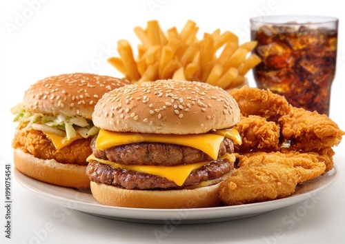 A hearty meal featuring two burgers, fried chicken, fries, and a cola