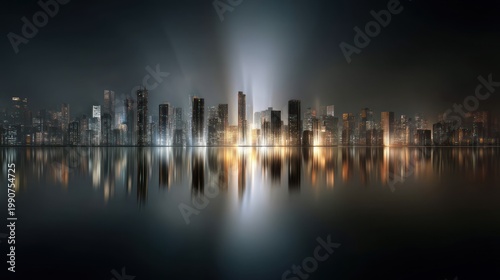City skyline night reflection