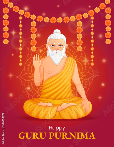 Guru Purnima poster with spiritual guru in meditation with blessing gesture adorned with festive floral garlands. Indian celebration concept.