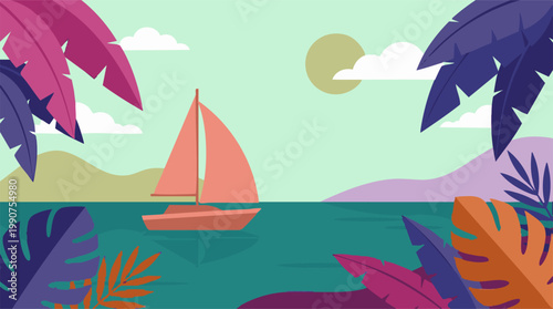 Stylized tropical beach scene with sailboat, exotic leaves, and summer sky