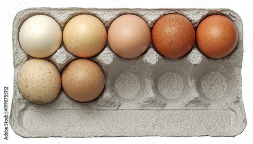 Cardboard tray holds six varied-color, speckled eggs, isolated white