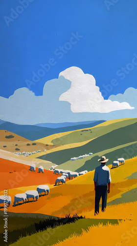 Solitary shepherd figure in a vast pasture, with herd animals scattered far in the distance across the horizon