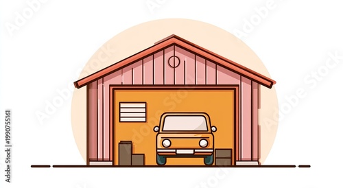 A charming cartoon garage with a car inside, surrounded by boxes and soft lighting