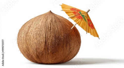 Whole coconut with a decorative umbrella, suggesting tropical drink