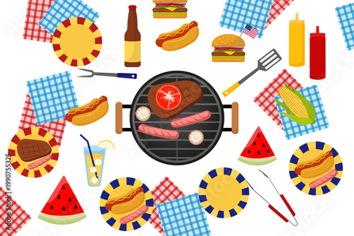 Flat design top view Independence Day barbecue party with grill, hot dogs, burgers, sausages, watermelon, drinks and red-blue checkered napkins on white background.
