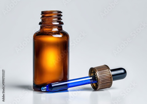 Amber glass dropper bottle with blue liquid, isolated on light background
