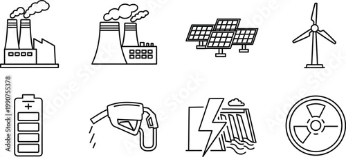 Industrial energy sources vector illustration editable stroke icons for power plants wind turbines fuel