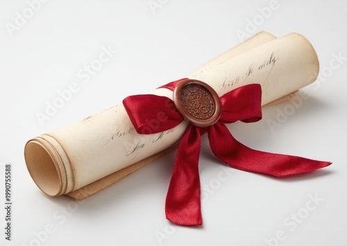 Aged scroll tied with red ribbon and sealed with wax, text visible
