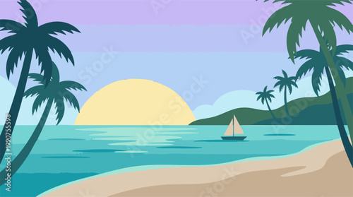Obraz na płótnie Vibrant illustration of a tropical beach sunset with palm trees and ocean