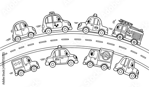 Quadro em tela Cute Cartoon Cars and City Vehicles Coloring Page for Kids Printable Activity Wo