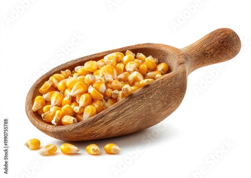 Wooden scoop overflows with golden corn kernels, some scattered nearby