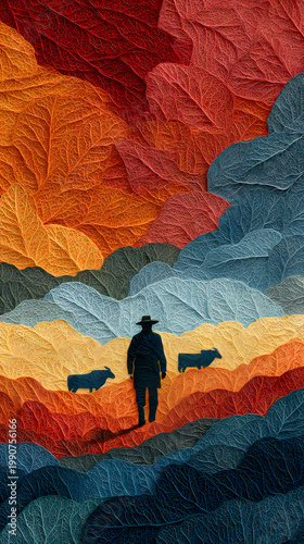 Solitary shepherd figure in a vast pasture, with herd animals scattered far in the distance across the horizon