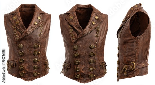 Rustic brown leather vest with antique brass buttons, buckles, and detailing