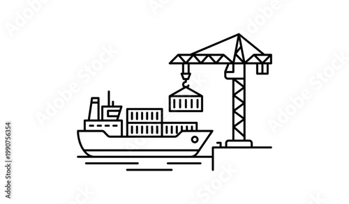 black and white line art illustration of a cargo ship with a crane