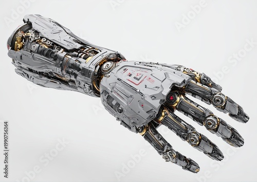 Highly detailed robotic arm with intricate mechanical joints and metallic plating