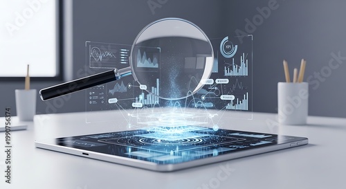 Digital Data Analysis Magnifying Glass Hologram Tablet Technology
