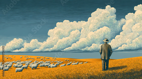 Solitary shepherd figure in a vast pasture, with herd animals scattered far in the distance across the horizon