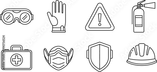 Safety equipment icons set editable stroke vector illustration for industrial construction and healthcare protection