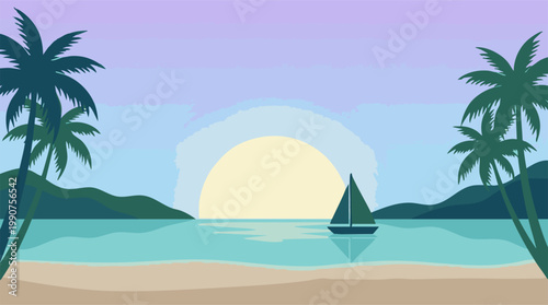 Serene tropical beach sunset landscape with sailboat and palm trees