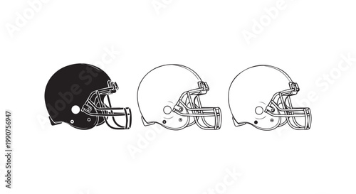 Three american football helmets in black and outline variations, sports equipment for protection and game.