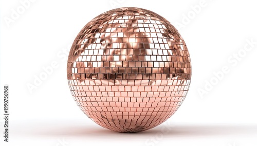 A metallic, rose gold spherical disco ball reflecting light on a white surface