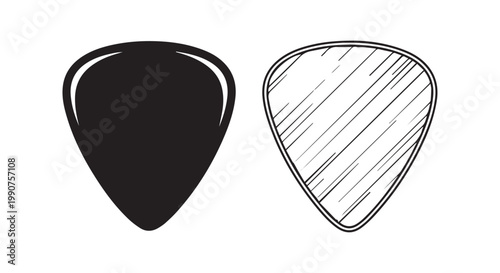 Two guitar picks one solid black and one outlined with hatching, representing musical accessory.