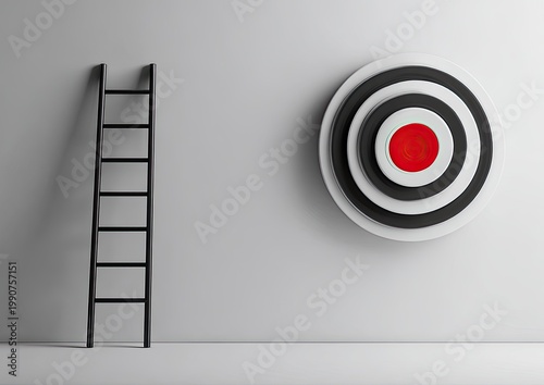 Ladder leans against wall next to a circular target