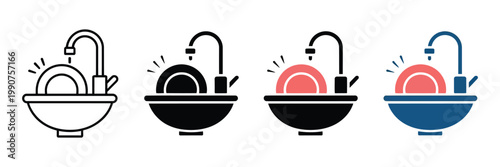 Set of dishwashing icons, sink with plate and faucet, kitchen cleaning concept, vector illustration isolated on white background