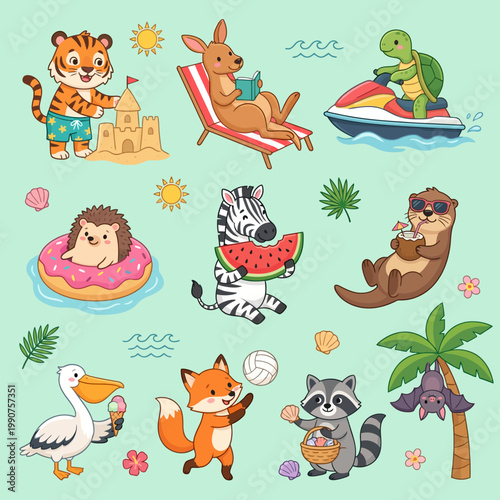 Collection of cute cartoon animals enjoying summer activities at the beach and on vacation, including a tiger, kangaroo, turtle, hedgehog, zebra, otter, pelican, fox, raccoon, and bat.