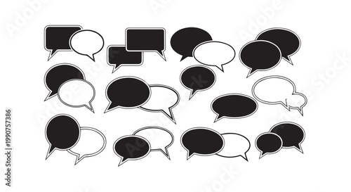 Variety of black and white speech bubbles, illustrating communication, dialogue, and interaction in diverse shapes.