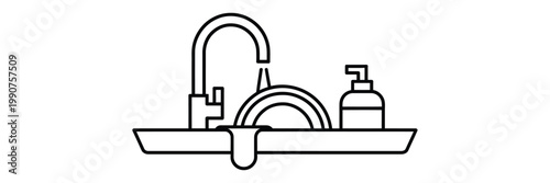 Line icon of a kitchen sink with a faucet, a plate being washed, and a soap dispenser, representing dishwashing and household cleaning chores