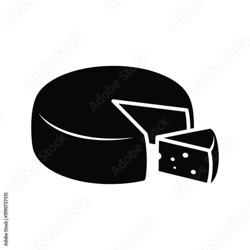 Whole cheese wheel with a cut slice isolated on white background, black and white flat vector illustration.