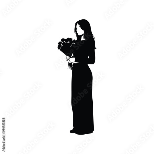 Woman silhouette holding bouquet of flowers standing in elegant long dress vector illustration for beauty and fashion theme.