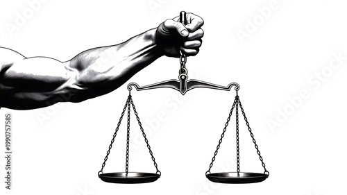 Powerful arm holding traditional balanced scales of justice graphic