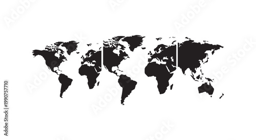 World map silhouette set with triptych style panels on white background for travel and global business corporate presentation.