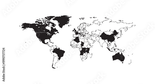 World map vector illustration, black silhouette of countries, global geography, international regions highlighted.