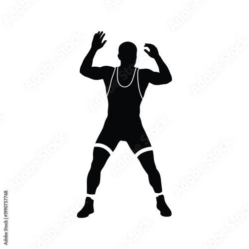 Wrestling silhouette in dynamic pose with arms raised, athletic sportsman wearing singlet, representing sport and competition.