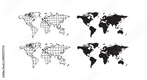 World map with grid lines and solid continents set on white background vector illustration.