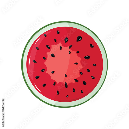Watermelon Cross Section View with Red Pulp and Black Seeds