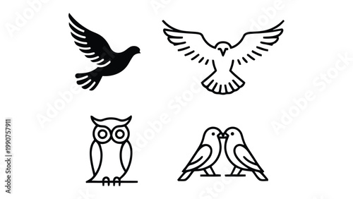 Bird Icons: A collection of minimalist bird illustrations, including a dove in flight, a soaring hawk, a wise owl, and a pair of affectionate lovebirds, each one symbolizing different aspects.
