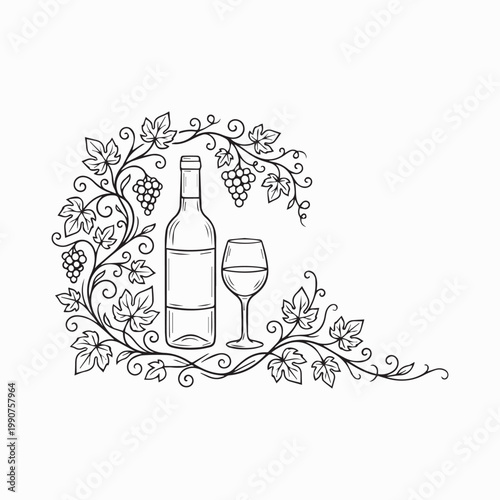 “Elegant wine bottle and glass with decorative grapevine leaves clusters and swirling tendrils in artistic line drawing illustration”