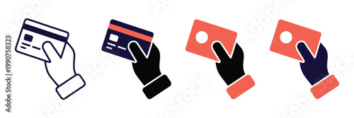 Set of hand holding credit card icons, payment method symbols, vector illustration of various credit card designs in a hand isolated on white background